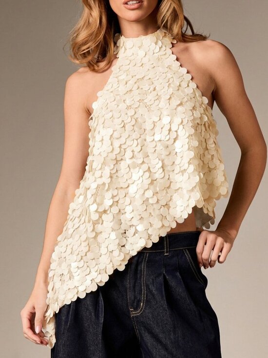 Tops - Cream Elegant Women's Asymmetric Halter Sequin Top Sleeveless Blouse